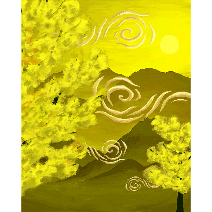 銀杏が聳える黄昏時の山脈