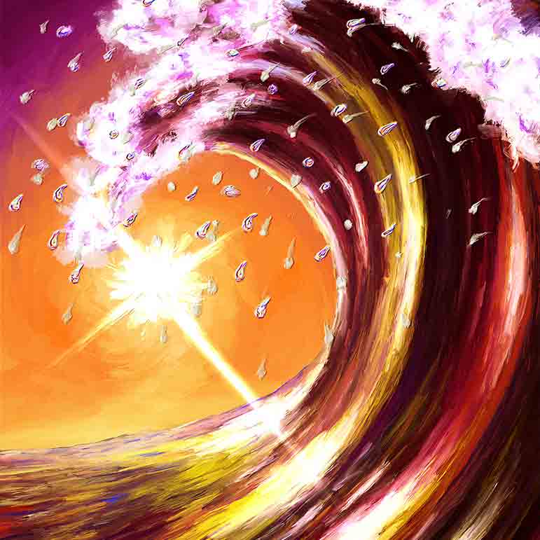 夕陽に煌めく高波